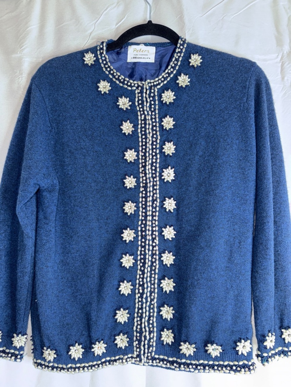 Vintage Peters Pure Cashmere Women's Navy HAND Beaded Cardigan